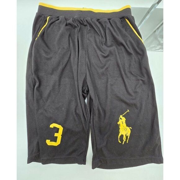 Polo Ralph Lauren Mens Black & Yellow Athletic Shorts With Number 3 & Horse Logo - Picture 1 of 6